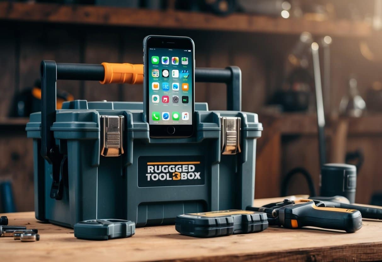 A rugged toolbox with a smartphone displaying 5 survival and prepper apps on a wooden workbench