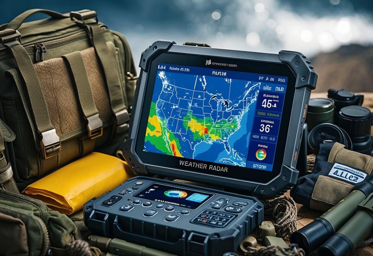 A rugged hand-held device displays a detailed weather radar map, surrounded by survival gear and supplies