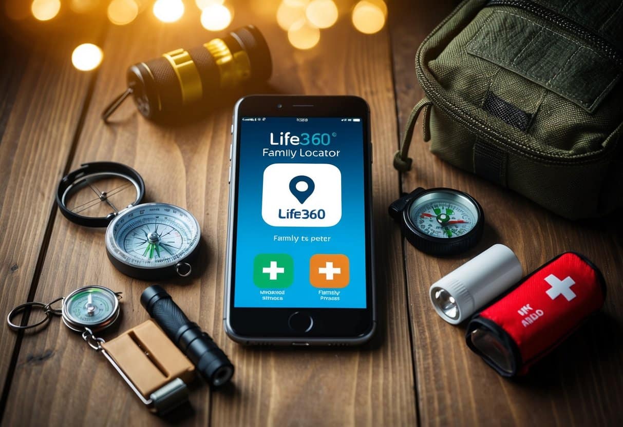 A smartphone displaying the Life360 Family Locator app alongside four other survival and prepper apps on a wooden table, surrounded by a compass, flashlight, and first aid kit